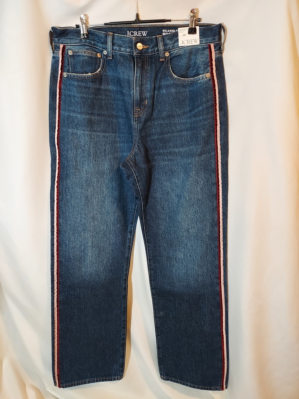J.Crew Relaxed Straight Leg Jeans Velvet Trim Tuxedo Side Stripe Wash 29 NWT